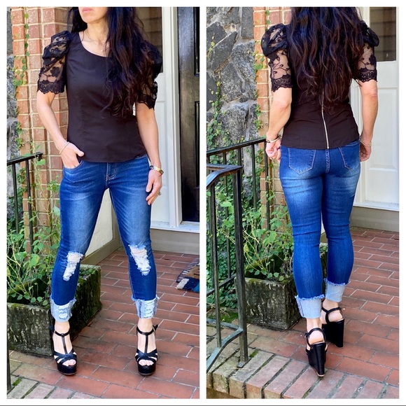 ShopEvelynne Tops - LACE SLEEVES EXPOSED BACK ZIPPER TOP
